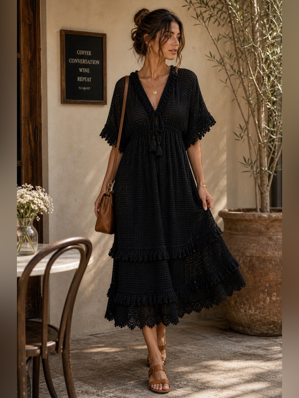 Place Nationale textured boho midi festival dress cotton lined fringe tassel 1